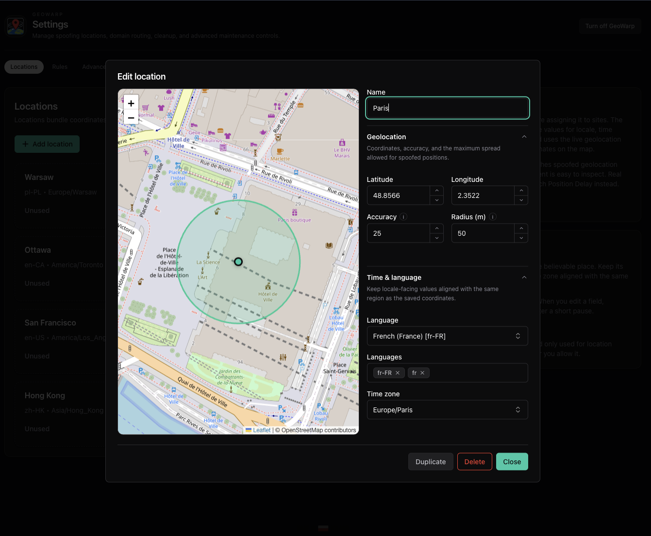 GeoWarp location editor with interactive map and coordinate inputs