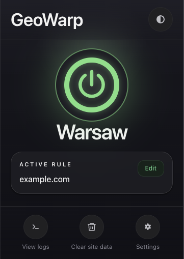 GeoWarp popup showing active location spoofing for Warsaw