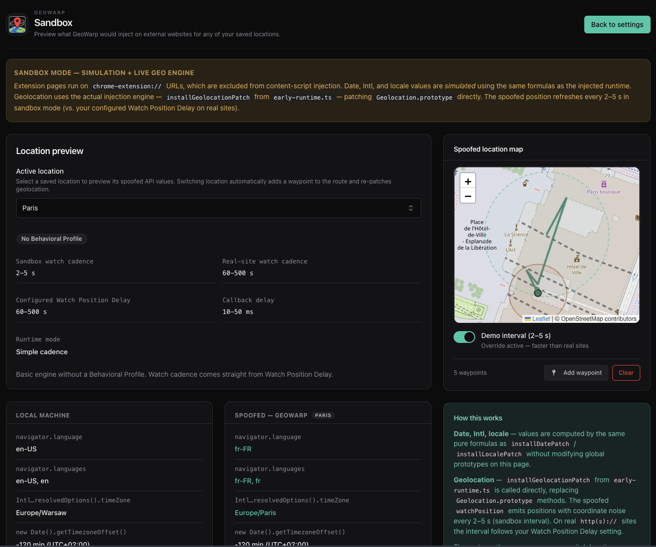 GeoWarp sandbox testing interface with live API comparison