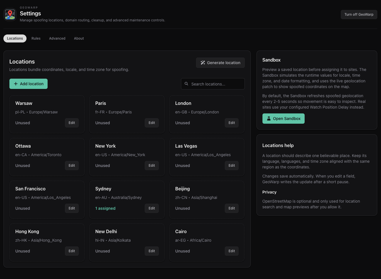 GeoWarp settings page showing location profiles for cities around the world